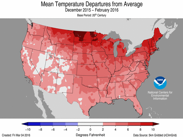 Nowhere in the contiguous U.S. was there a below-normal temperature trend logged during the 2015-16 weather record season of Dec/Jan/Feb. (NOAA graphic)